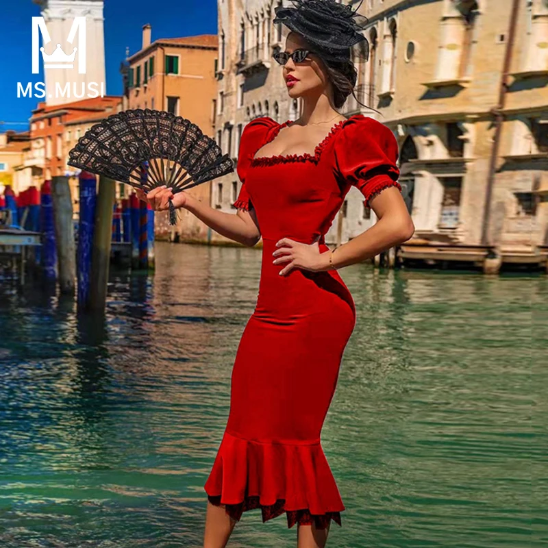 

Новинка 2024, модное женское сексуальное кружевное платье MSMUSI с квадратным вырезом и оборками, облегающее платье средней длины с коротким рукавом, Клубное Бандажное платье «рыбий хвост», платья