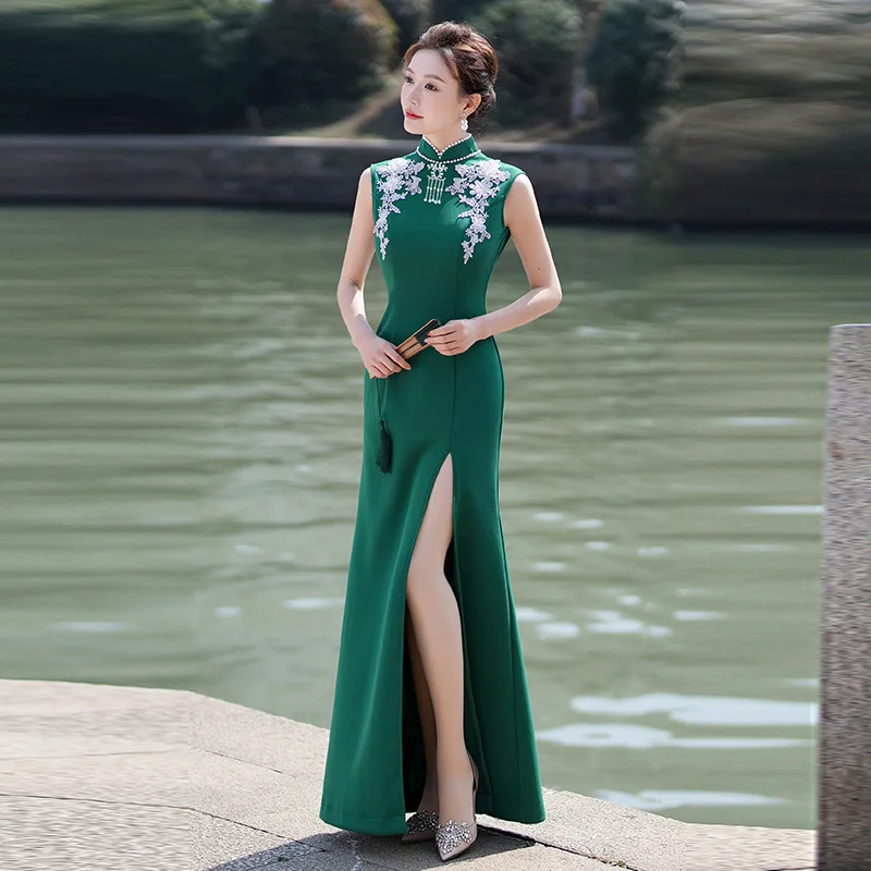 

Chinese Traditional Evening Party Dress Women's Silky Satin Cheongsam Qipao Summer New Front Split Long Dress Plus Size 5XL