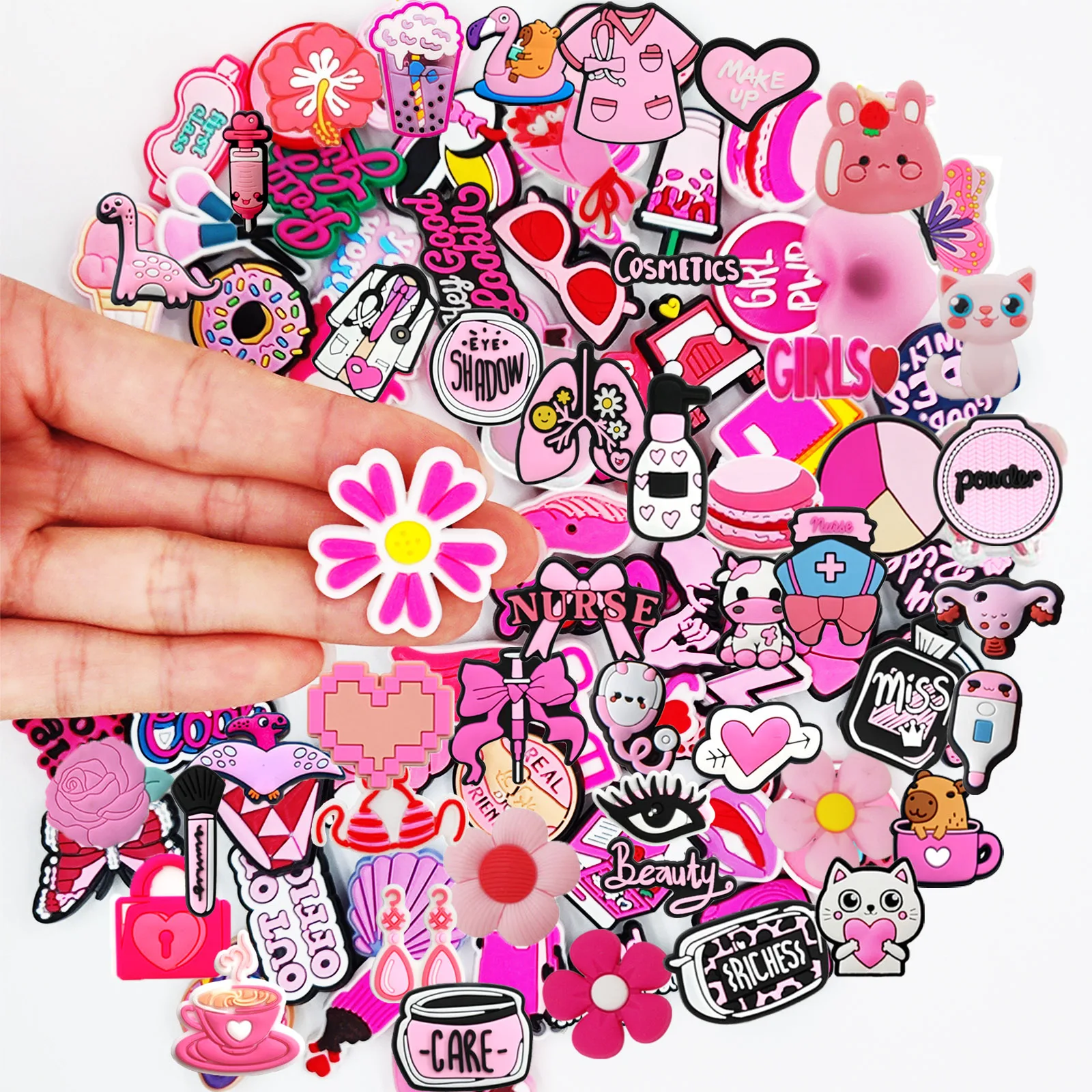Zufällige Auswahl von 10-100 Stück Rosa Schuh-Charms, PVC-Schuhdekorationen für Weihnachten, Geburtstag, Party, Geschenk-Schuhpins