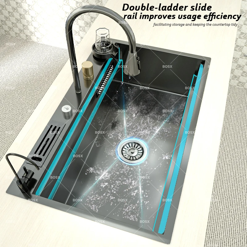 Kitchen Sink Stainless Steel Large Single Slot Multifunctional Waterfall Faucet Dishwashing and Vegetable Basin