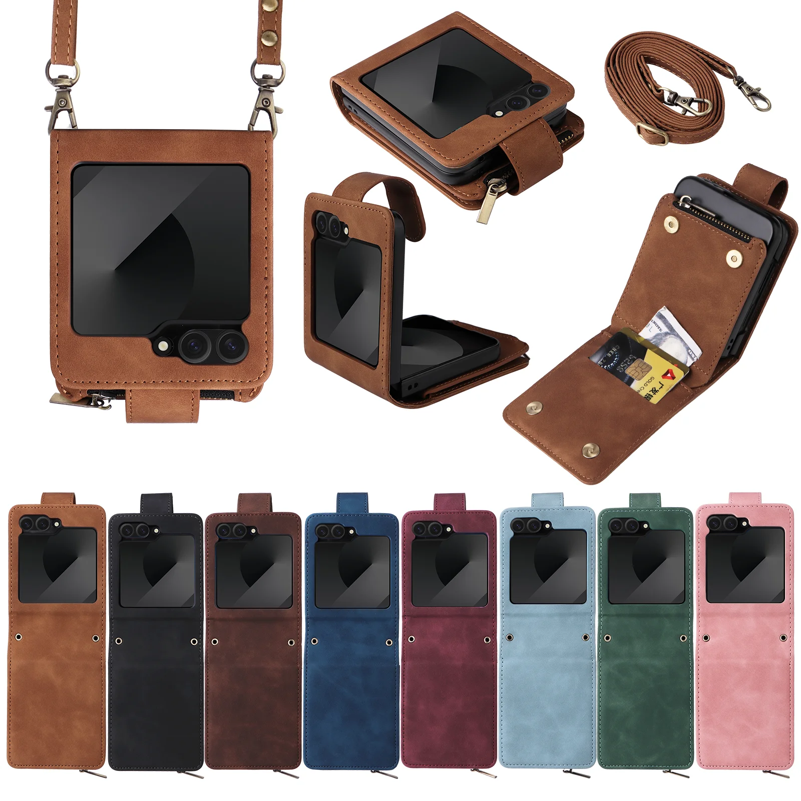 Leather Zipper Wallet Phone Case with Card Slots and Magnetic Flip Cover