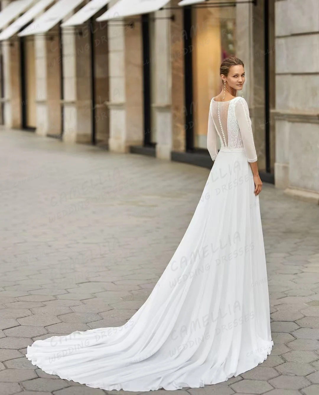 Luxury Appliques Wedding Dresses Women's A Line Half Sleeve Sexy V Neck Sweep Train Chiffon Bridal Gowns Vestidos Customized 2