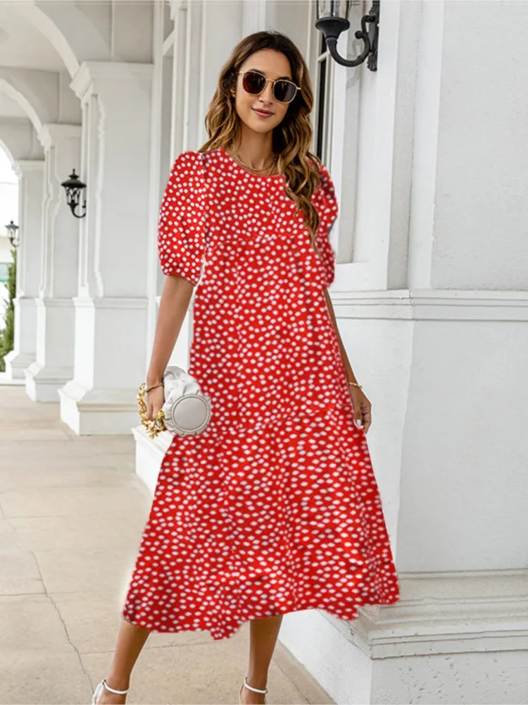 2025 Summer New Women's Print Dress Puff Short Sleeves Ruffles Loose A-line Midi Dresses Fashion Casual Beach Vacation Vestidos