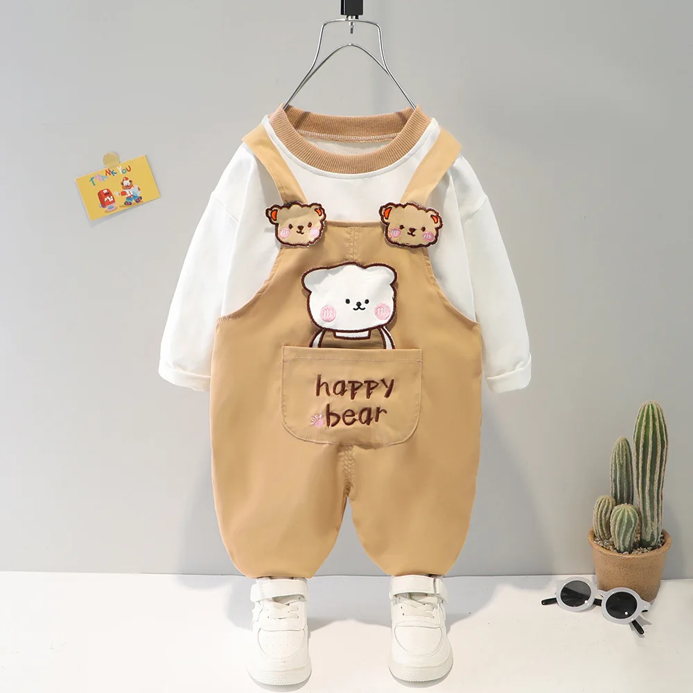 

Baby Girl Autumn Clothes 18 To 24 Months Cartoon O-neck White Long Sleeve T-shirts and Overalls Tracksuits for Kids Boys Outfits