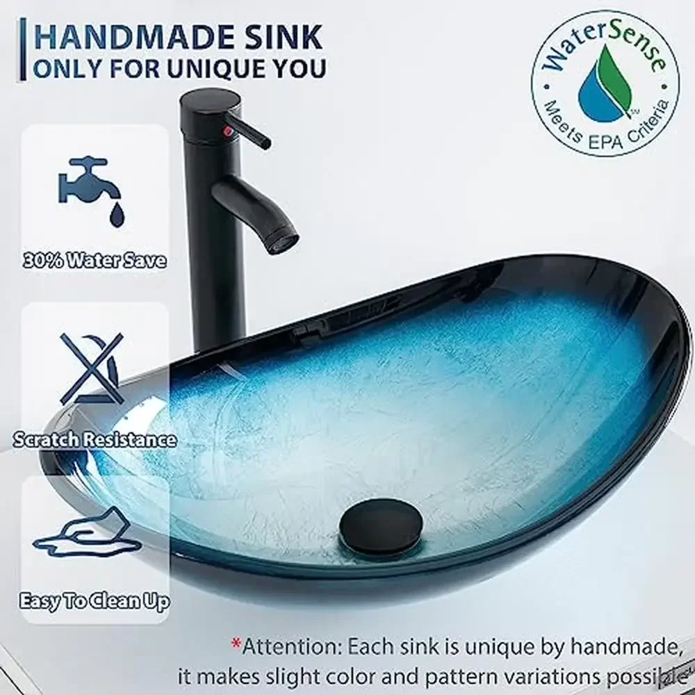 24" White Bathroom Vanity Stand Cabinet with Blue Boat Tempered Glass Sink & ORB Faucet Spacious Storage High Quality Material & 5