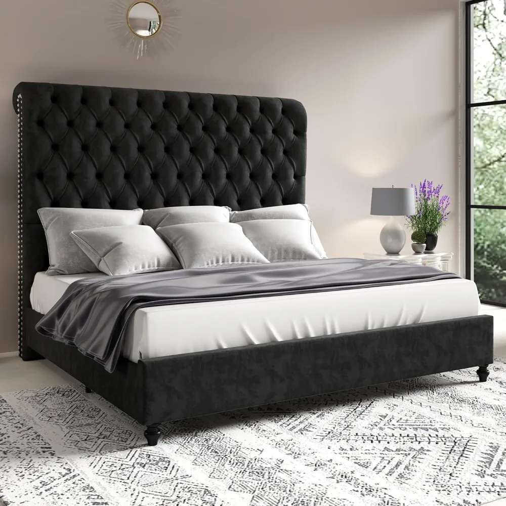 

King Size Bed Frame with Sleigh Headboard 60" Tall Velvet Upholstered Platform Bed, No Box Spring Needed, Black Bed Frame