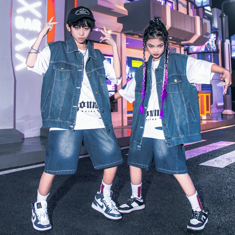 

Kids Stage Showing Outfits Hip Hop Clothing Denim Blue Sleeveless Jacket Cargo Shorts For Girl Boy Jazz Dance Costumes Clothes