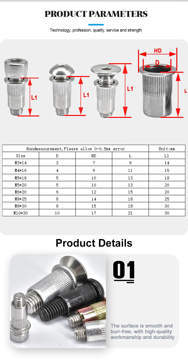 Description Picture 3 of itemM3 M4 M5 M6 M8 M10 Rivet Nuts Bolt Carbon Steel/304 Stainless Steel/Aluminum Rivnut Nutsert Hexagon Socket Screws kit 1-25pcs