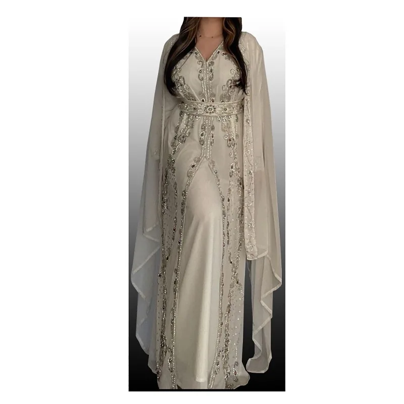 White Moroccan Long Gown Wedding Dress Arab Party Abaya Very Fancy Long Gown