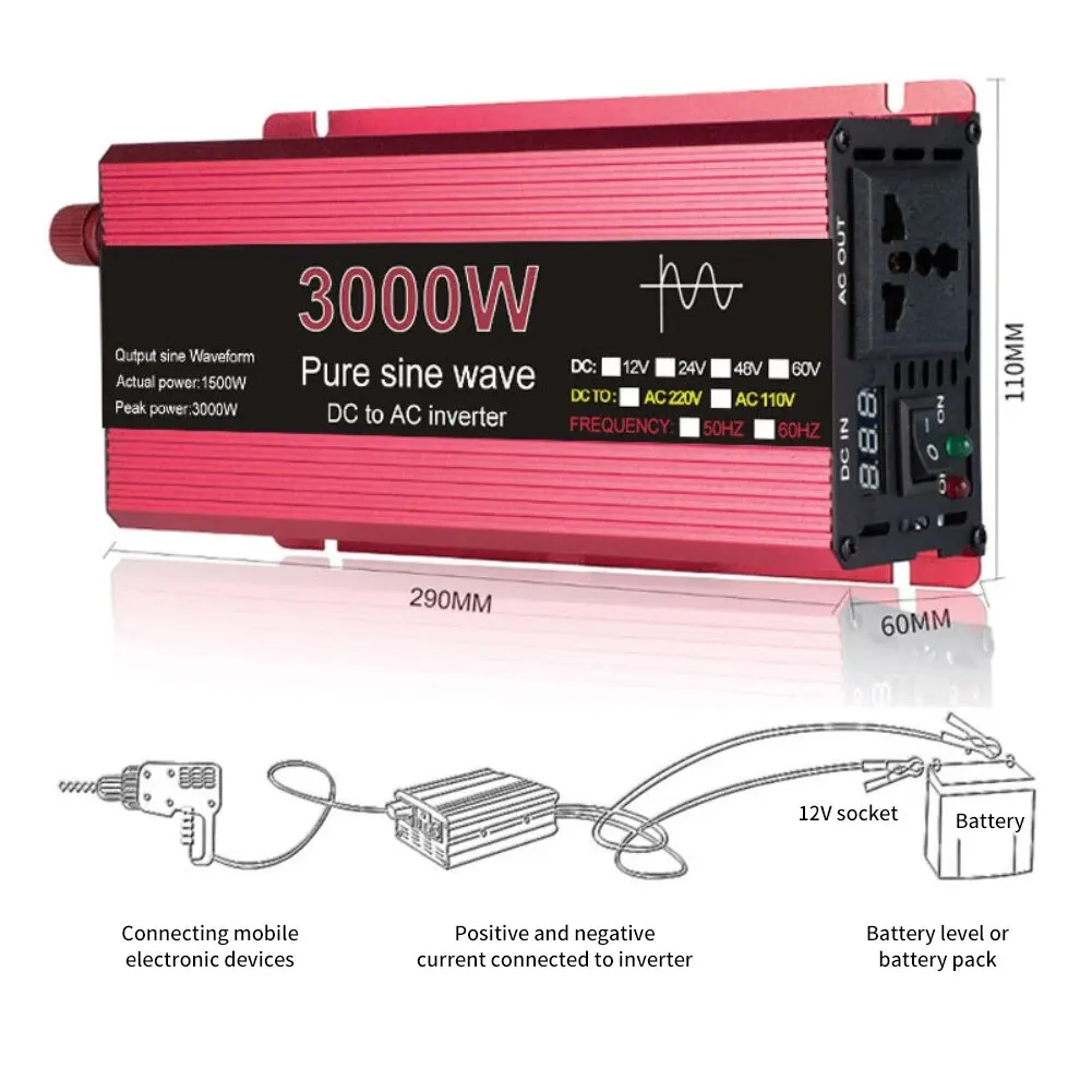 Pure Sine Wave Solar Inverter DC 12V/24V To AC 110V/220V 1000W 1600W 2000W 2200W Portable Power Bank Converter