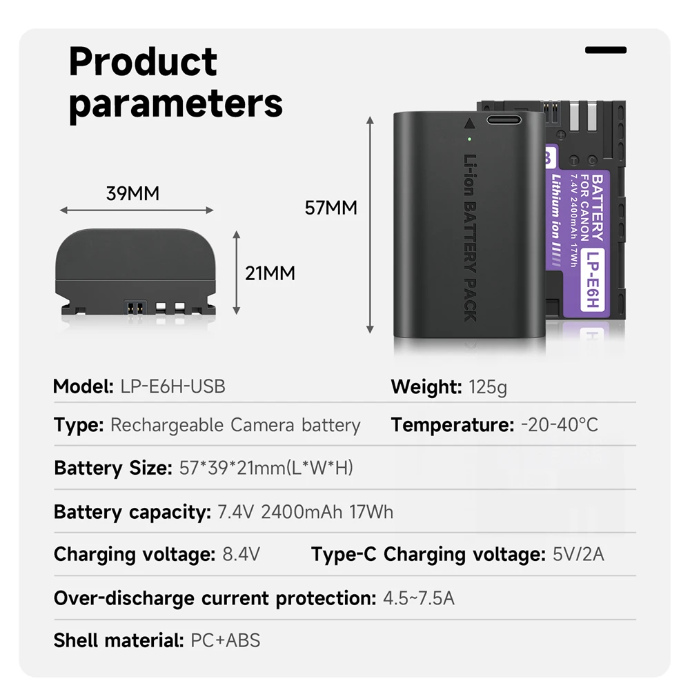 Rechargeable Batteries Type-C LP E6 LPE6 LP-E6 2400mAh LP-E6N Battery for Canon EOS 5DS R 5D Mark II 5D Mark III 6D 7D 80D 90D EOS 5DS R Camera