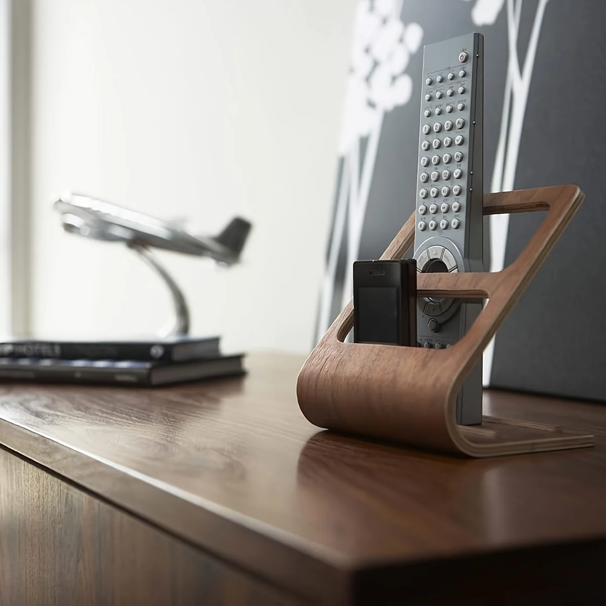 Wooden Remote Control Organizer with Dual-Slot Media Storage
