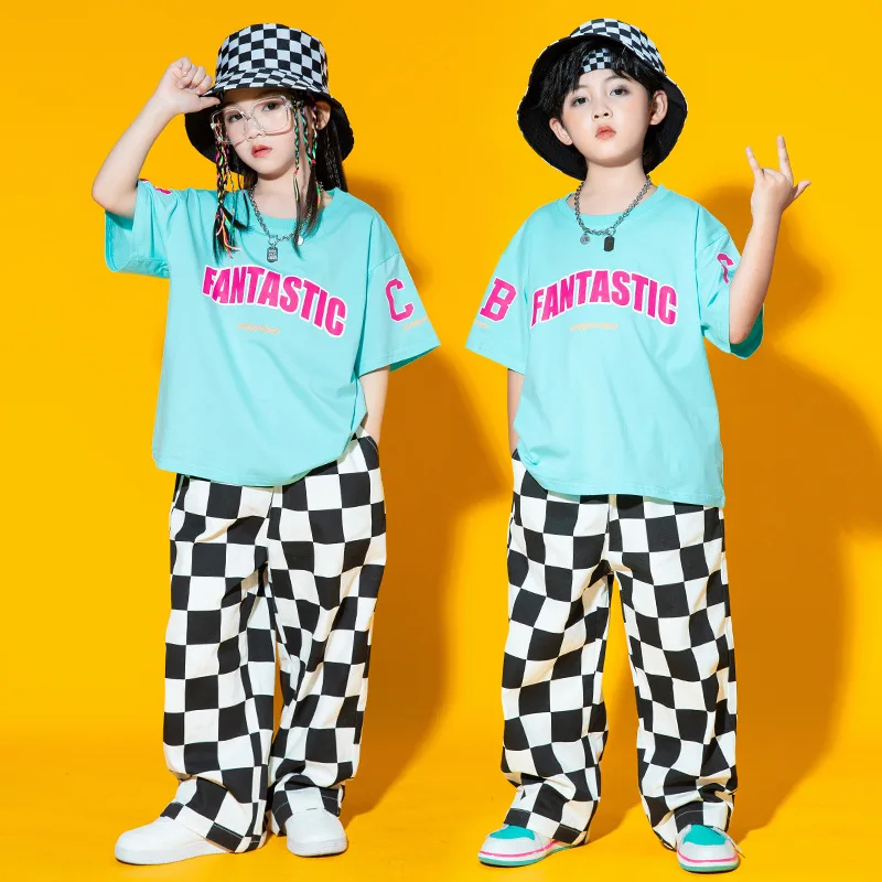 

Summer Kids Hip Hop Clothing Street Dance Loose T Shirt Plaid Pants Boys Sport Wear Girls Jazz Ballroom Practice Outfit