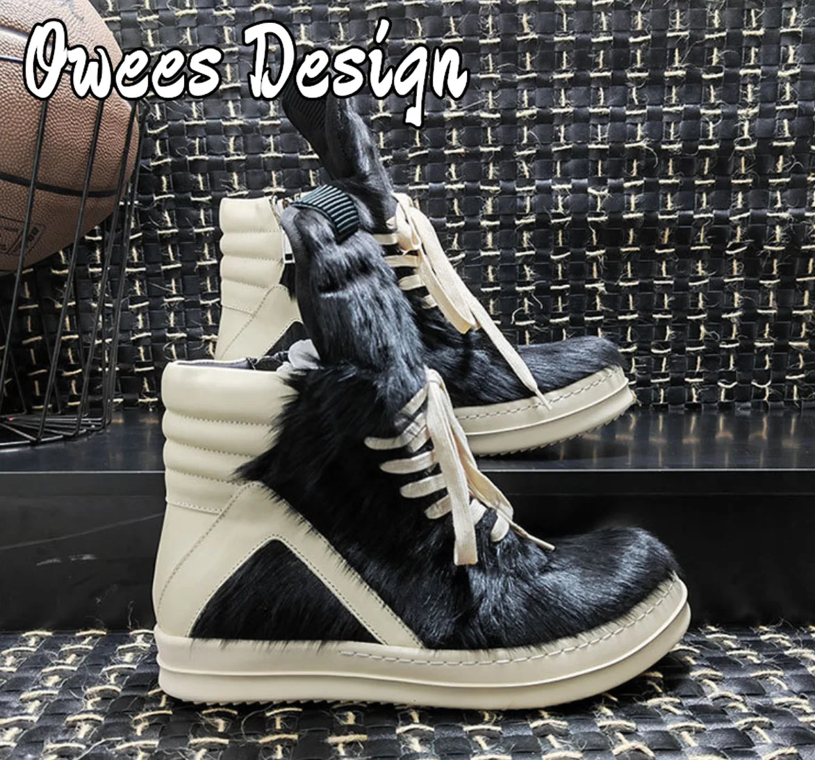 Owees Design Zipper Ankle Boots Men's Horsehair High-tops Sneakers Women Thick Soled Quality Leather Lace-up Fashion Shoes 6