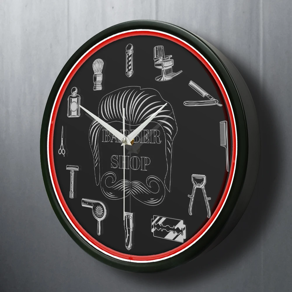 Barber Shop Red Neon Logo Metal Frame Wall Clock for Man Cave Barbering Business Sign Flexible Flex illuminated Neon Wall Clock