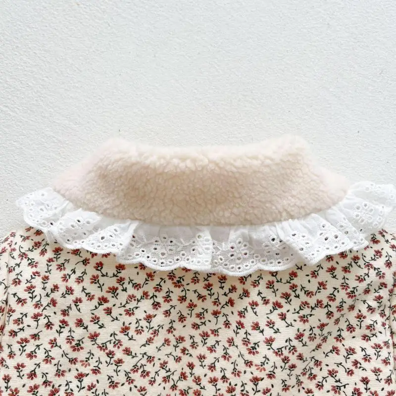 Kids jackets Autumn winter children plus velvet flower print cotton coat