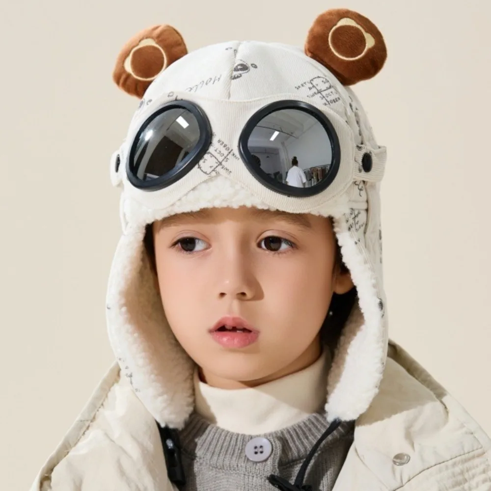 Winter Kids Pilot Hat with Ear Protection and Glasses