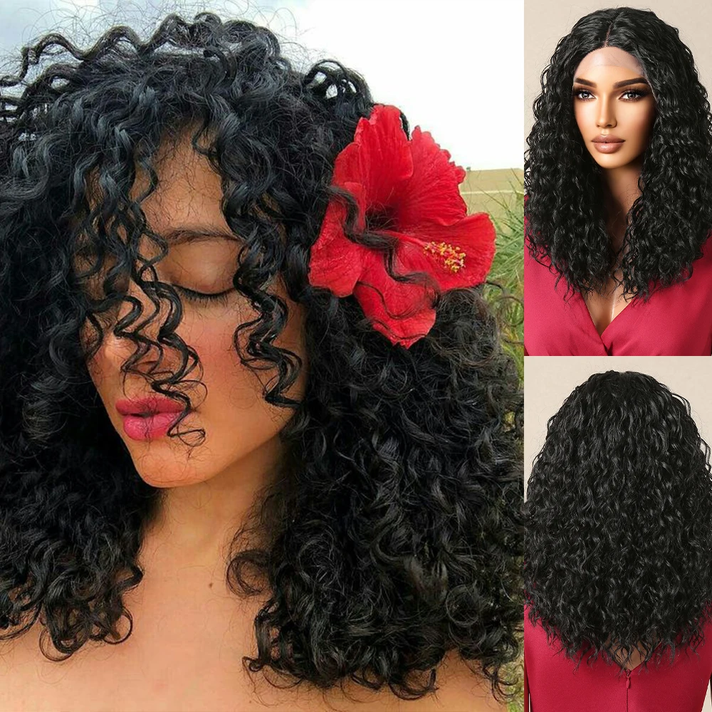 

Lace Front Synthetic Afro Wigs Full Deep Wave Middle Length Kinky Curly Black Wig for Women Daily Heat Resistant Hair Brazilian