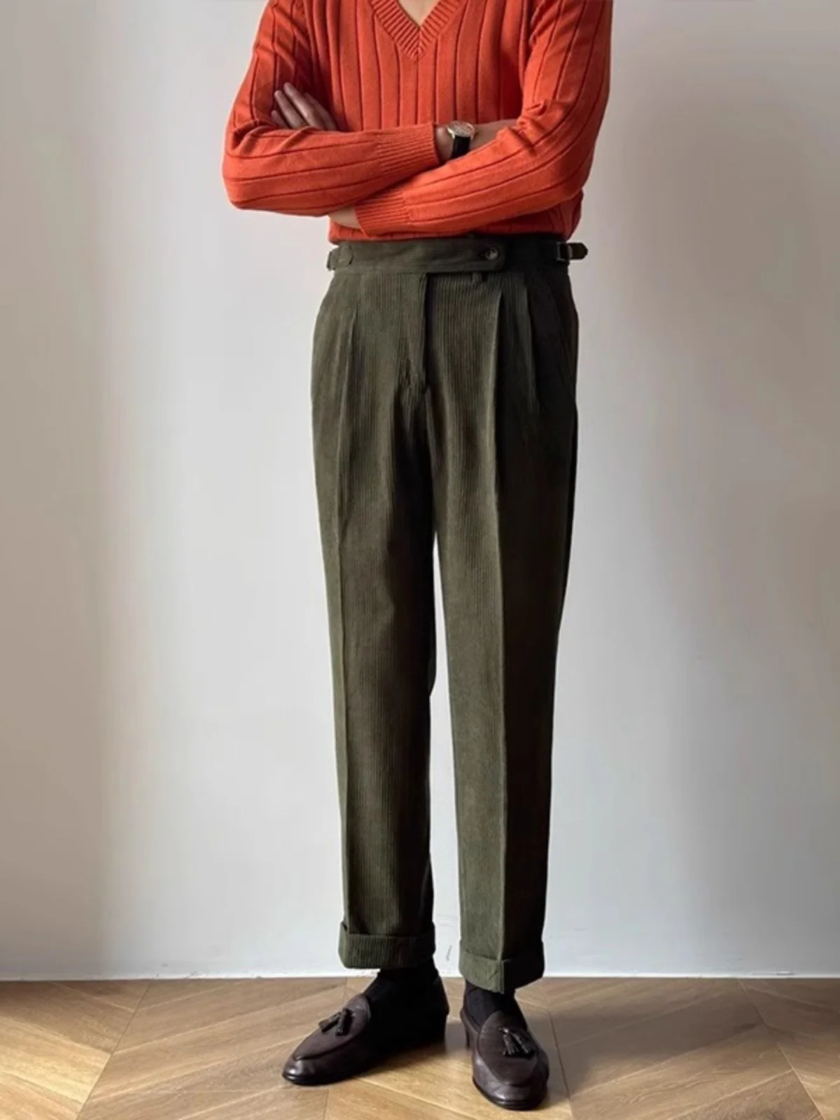 Autumn Winter Italian Vintage Naples Paris Button Corduroy Cuffed Busin Casual Trendy Long Pants Straight Leg Pants