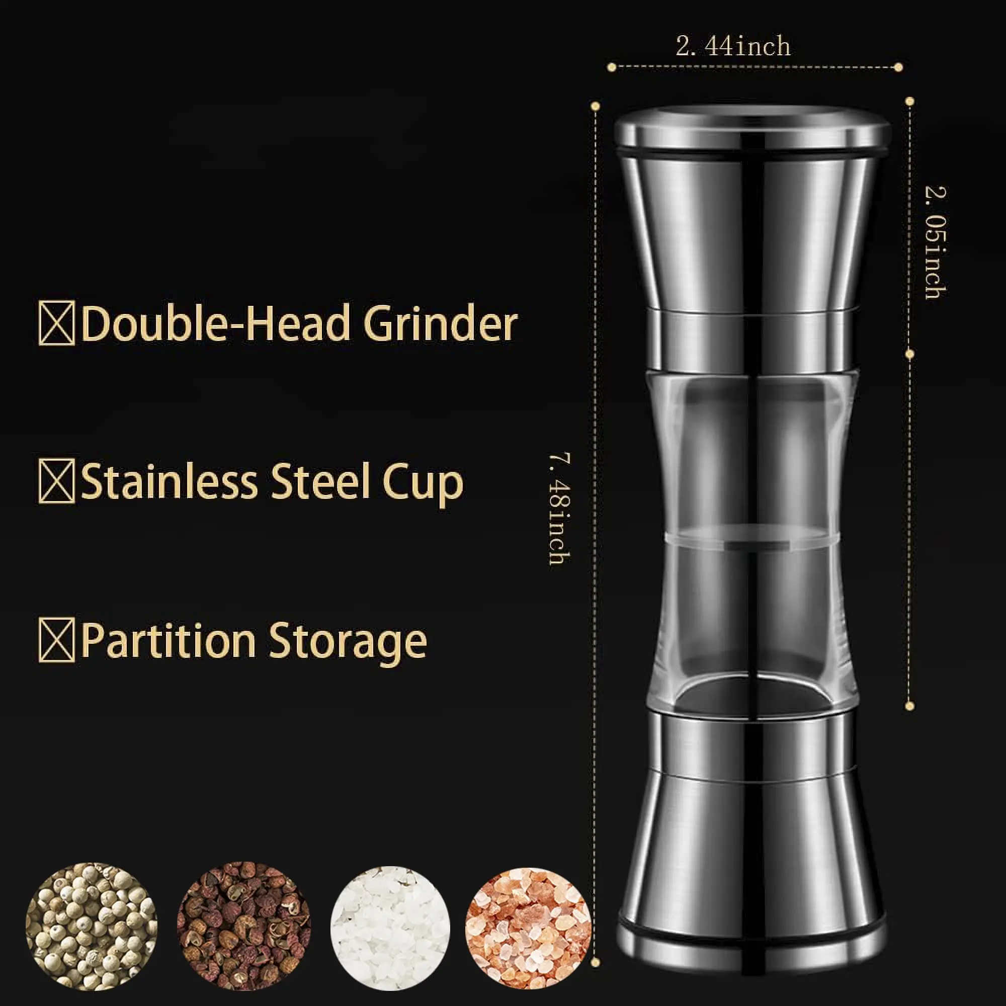 Salt and Pepper Grinder 2-in-1 Adjustable Pepper Salt Grinder Rustproof Stainless Steel Manual Mill Double Heads Coarseness Control