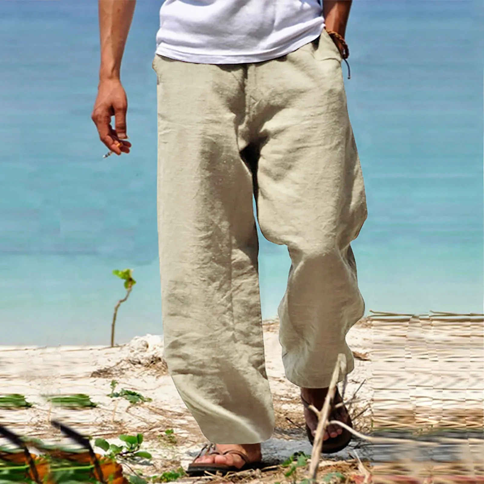 Men pants Men's Cotton Linen Harem Pants Casual Drawstring Elastic Waist