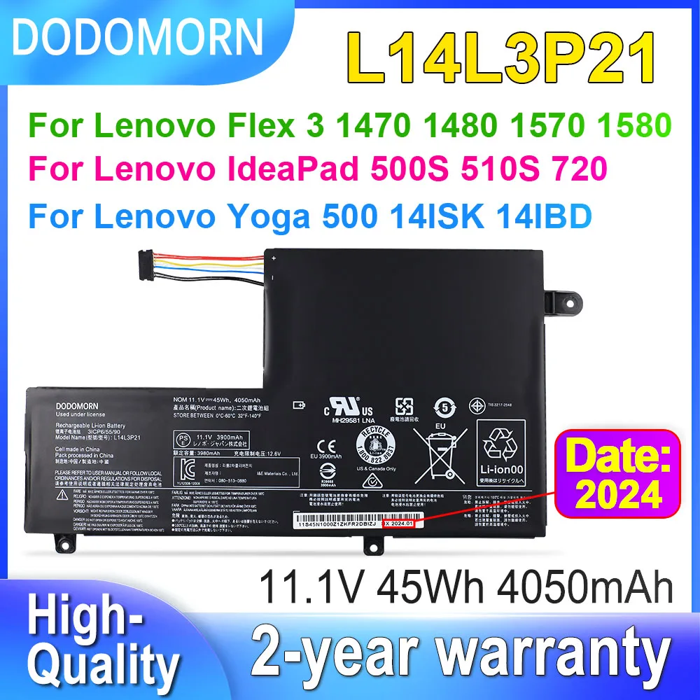Dodomorn L14l3p21 Bateria do Portátil para Lenovo Ideapad 500s 510s14isk Flex 1470 1480 1570 1580 Yoga 500 14ibd L14m3p21 45wh