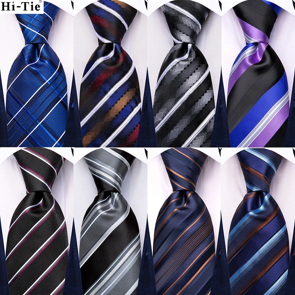 

Hi-Tie Navy Blue Striped Elegant Mens Ties Hanky Cufflink Silk Necktie For Men Wedding Party Business Fashion Brand Designer