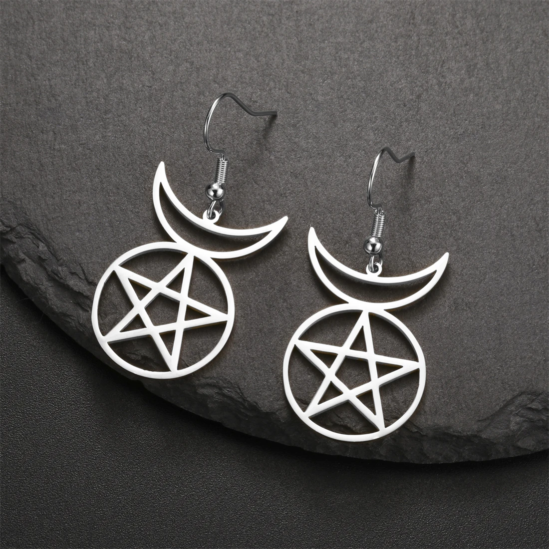 Eueavan Hexerei Pentagramm Ohrringe Edelstahl Halbmond Pentakel Tropfen-Ohrringe Damen Schutzamulett Schmuck Geschenk – Detail 7