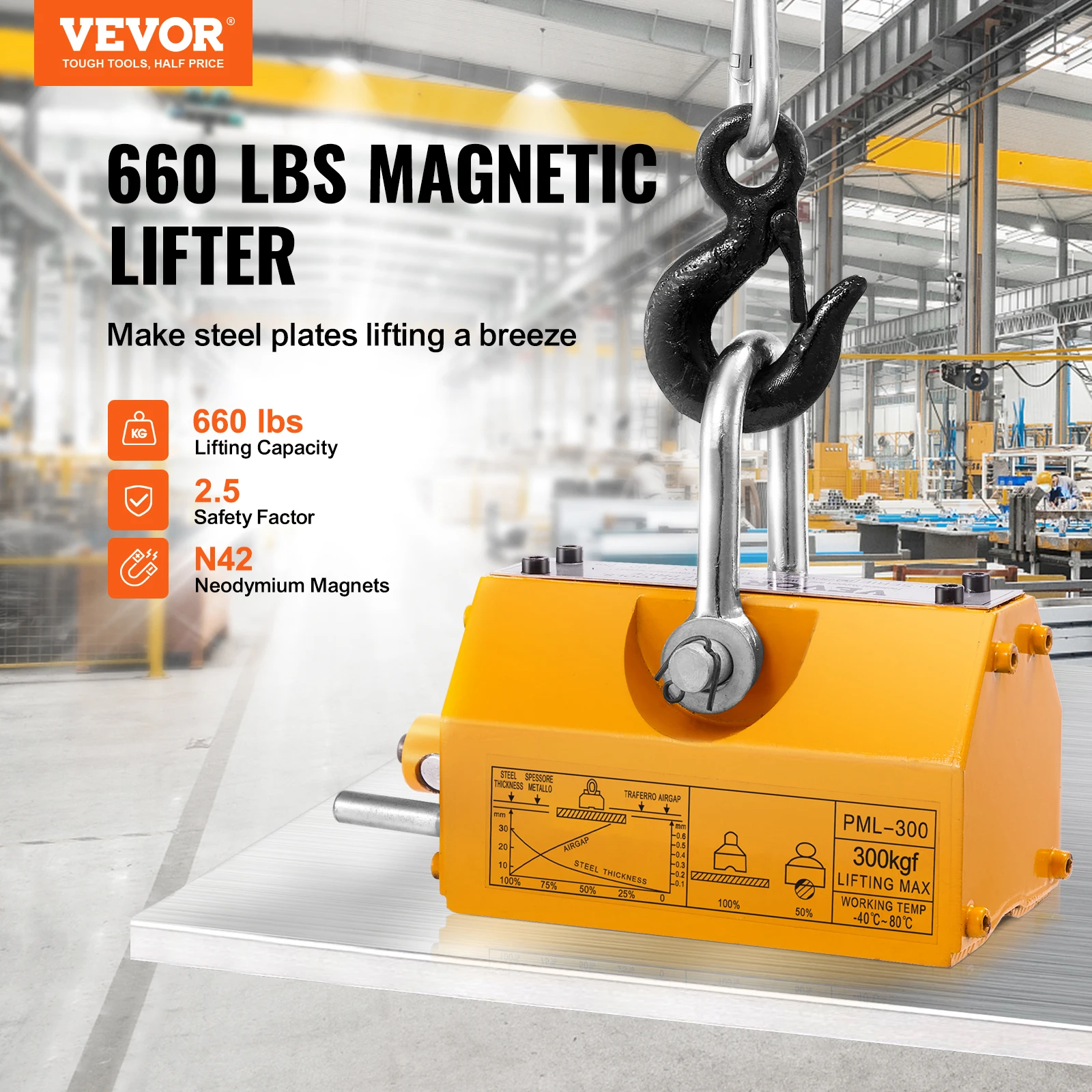 VEVOR 100KG-2000KG Permanent Magnetic Lifter Pulling Capacity 2.5 Safety Factor Neodymium & Steel Lifting Magnet Lift Magnets round magnet
