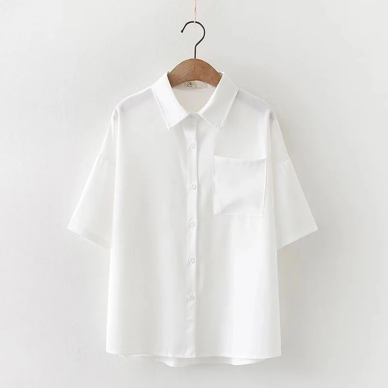 

Women Blouse Shirt Short Sleeve Solid Turndown Collar White Tops Summer 2021 Girls/Boys Clothes JK Uniform Classic Basic Shirt