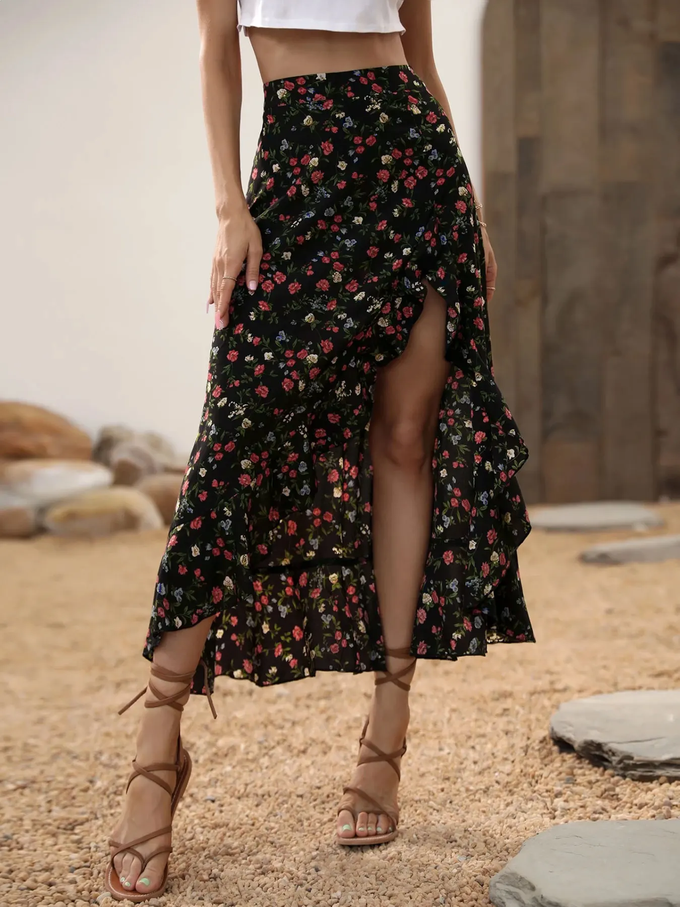 Women's Summer Boho Ruffle Skirt, High Slit Long Regular Fit High Waist Small Flower Print Dress, Casual Beachwear 4
