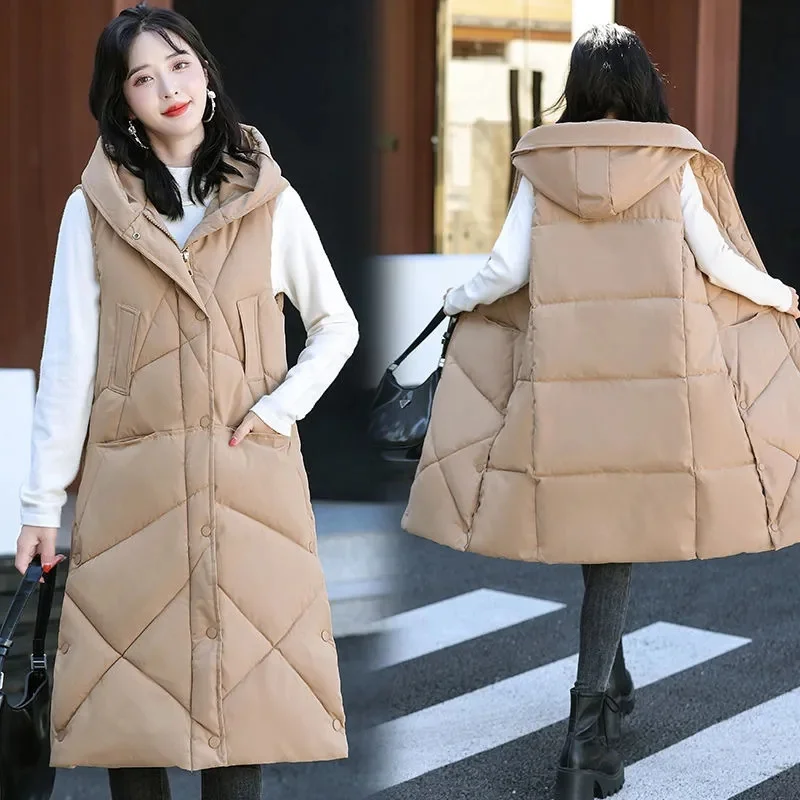 

Women's Jacket Down Cotton Vest 2023 New Autumn Winter Long Jacket Hooded Parkas Coat Casual Sleeveless Loose Female Waistcoat