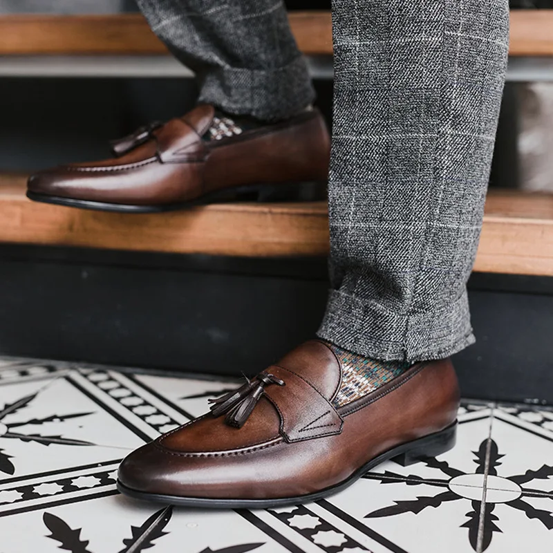 

Men's vintage real leather shoes cowhide brown loafers Casual shoes gentlemen
