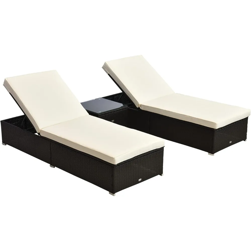 Outsunny Chaise Lounge Set of 2 with 5 Angle Backrest, Outdoor Coffee Table, Water Repellent Cushions, PE Rattan Wicker