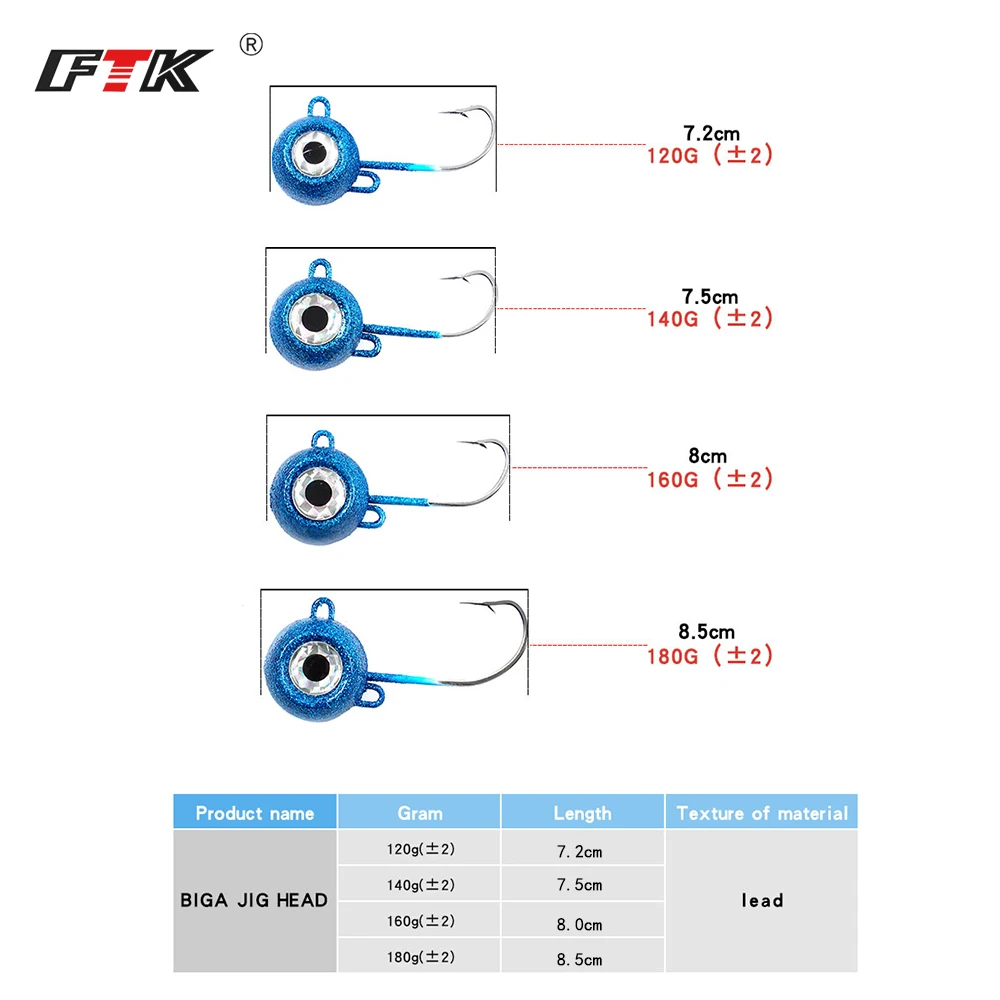 FTK Fishing Jig Head Hook 3D Eye Saltwater 120g/180g/160g Fishing Lure Deep Drop Light Swimbait for Pompano Striper Halibut Bass