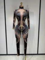 Sexy Long Sleeves Print Rhinestone Jumpsuits Drag Queen Show Stage Performance Costume Women Evening Party Nightclub Rompers