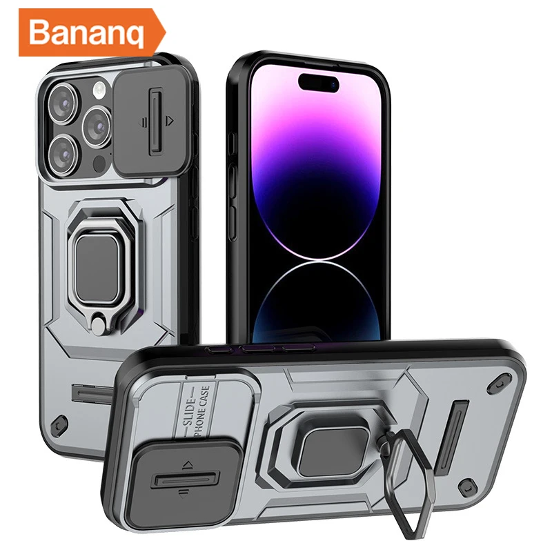 Bananq Slide Lens Camera Phone Case For iPhone 15 14 Plus 13 Pro Max Shockproof Magnetic Ring Stand Armor Back Cover_voghion.com