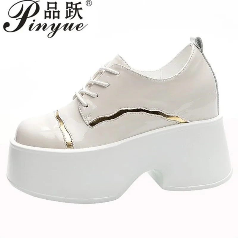 

11cm Women Genuine Leather Casual Shoes White Chunky Sneakers Platform Wedge Hidden Heel Height High Top Women Vulcanized Shoes