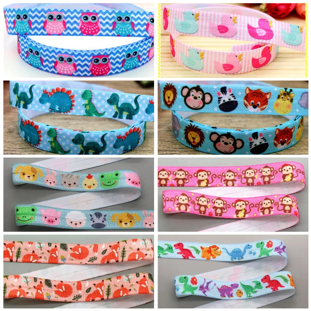 Ribbon Decoration Ribbon Supplies 5/8'' 5yards Animals Owl Sloth Fox Dinosaur Printed Fold Elastic FOE Stretch Ribbon Headwear Headband DIY C1728