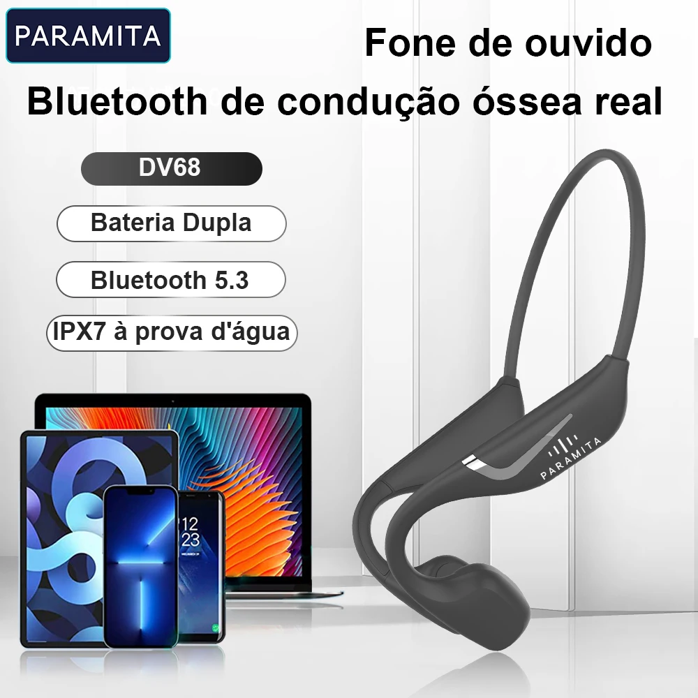 PARAMITA-Condução Óssea Real Sem Fio Bluetooth Headset com Microfone, Controle de Botão, BT5.3 Redução de Ruído, IPX7 Impermeável para Esporte