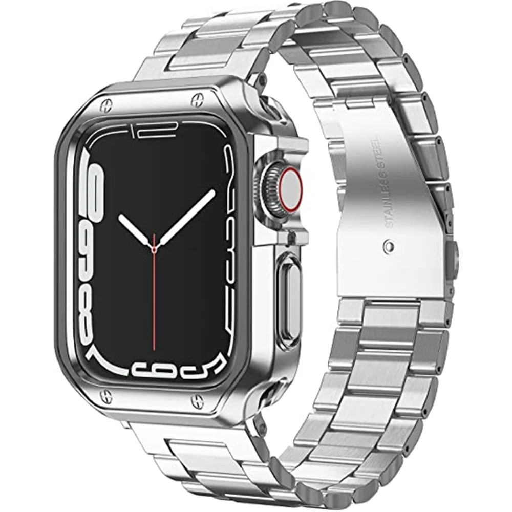 

Чехол + металлический ремешок для Apple Watch Band 45 мм 41 мм 44 мм 40 мм 42 мм 38 мм, мягкий браслет из нержавеющей стали для iWatch 7 6 SE 5 4 3