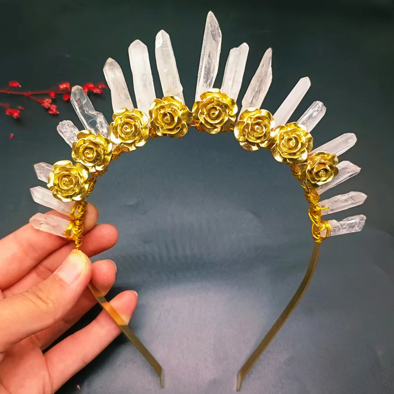 

Natural Crystal Quartz Crown Headband Gothic Tiara Hair Woman Halloween Jewelry
