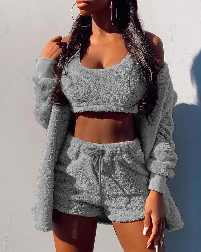New Spring Women's Velvet Pajamas Set Crop Top+Shorts+Coat