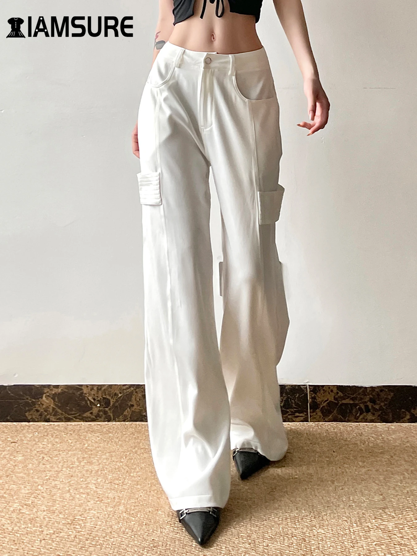 IAMSURE Safari Style Casual Big Pockets Wide Leg Pants Basic Loose Mid-Waisted Pants Women 2024 Summer Fashion Streetwear Ladies