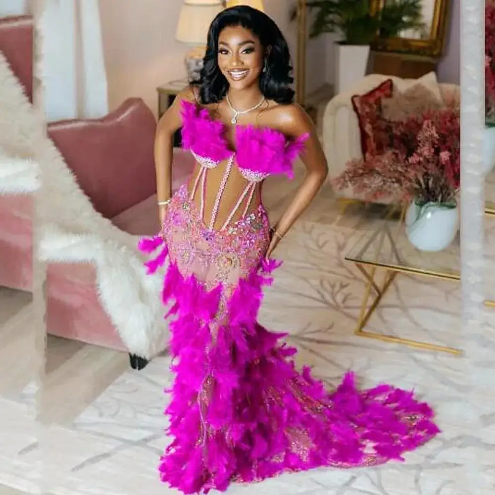 

See Through Fuchsia Feathers Prom Dresses With Beads Appliques Long Mermaid Evening Dress Aso EBi Special Occasion Party Gowns