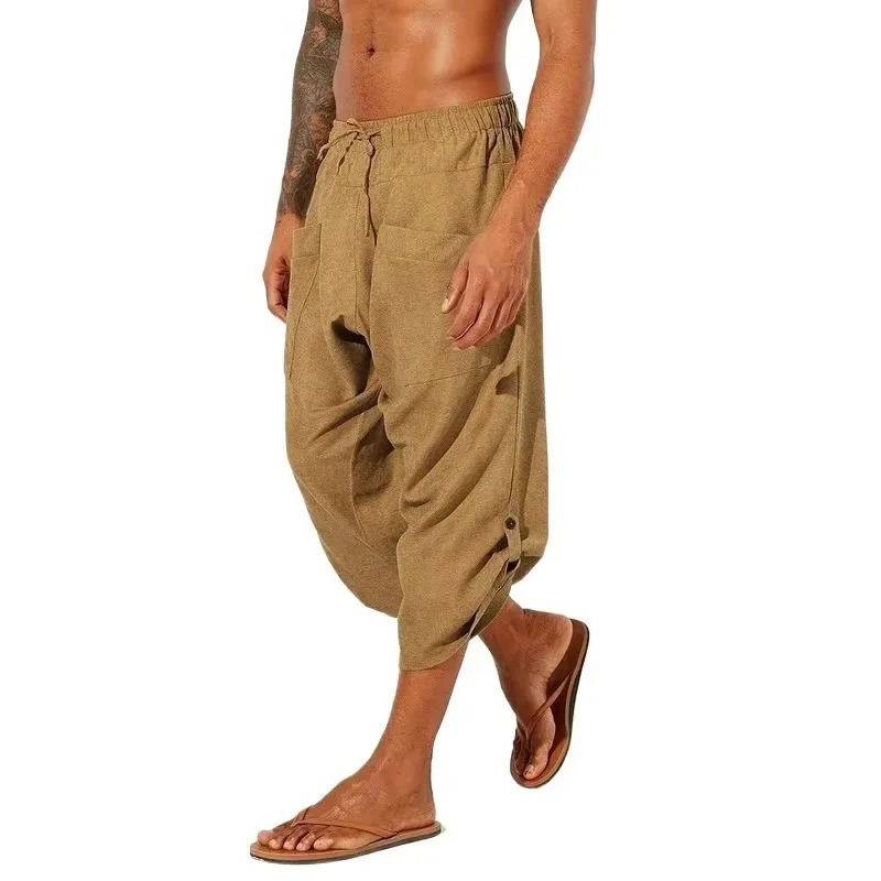 Baggy Beach Crop Pants 3/4 Cotton Linen Holiday Casual Capri Yoga Trouser Loose Drawstring Elastic Waist Men's Vikings Costume