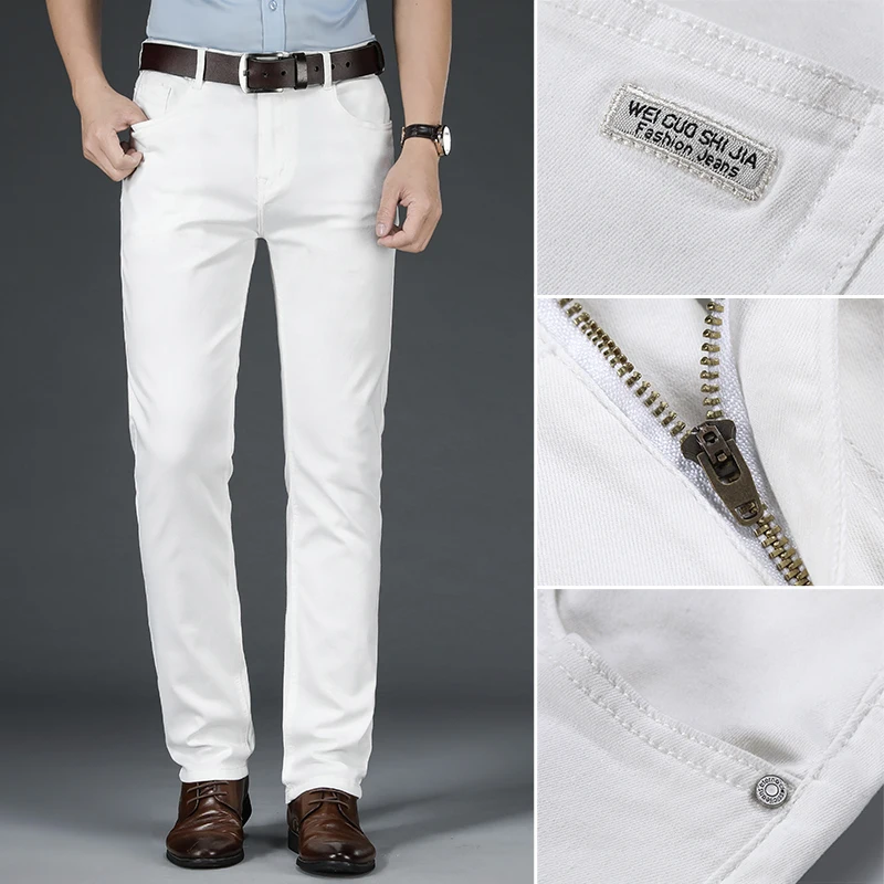 2022 ALL White Colors  Classic Elasticity Denim Trousers Male Brand Pants New Men\'s Straight Fit Pure Jeans Fashion Casual