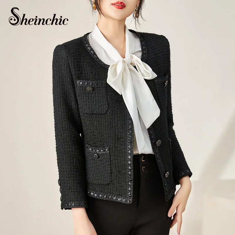 

Luxury Designer Wool & Blends Coats 2023 Autumn Winter Elegant O-neck Black Tweed Jacket for Women Manteau Femme Hiver