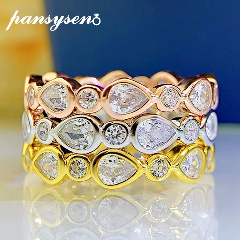 Pansysen Vintage Oro Giallo 18K Rosa Color Oro Taglio A Pera Diamante Ad Alto Tenore Di Carbonio Gioielli In Argento S925 Anello Di Fidanzamento Fedi 