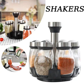 Spice Jar Set Rack Glass Organizer Rotating Glass Seasoning Sugar Pepper Bottles Salt Shakers Holder Kitchen Storage Rack 1